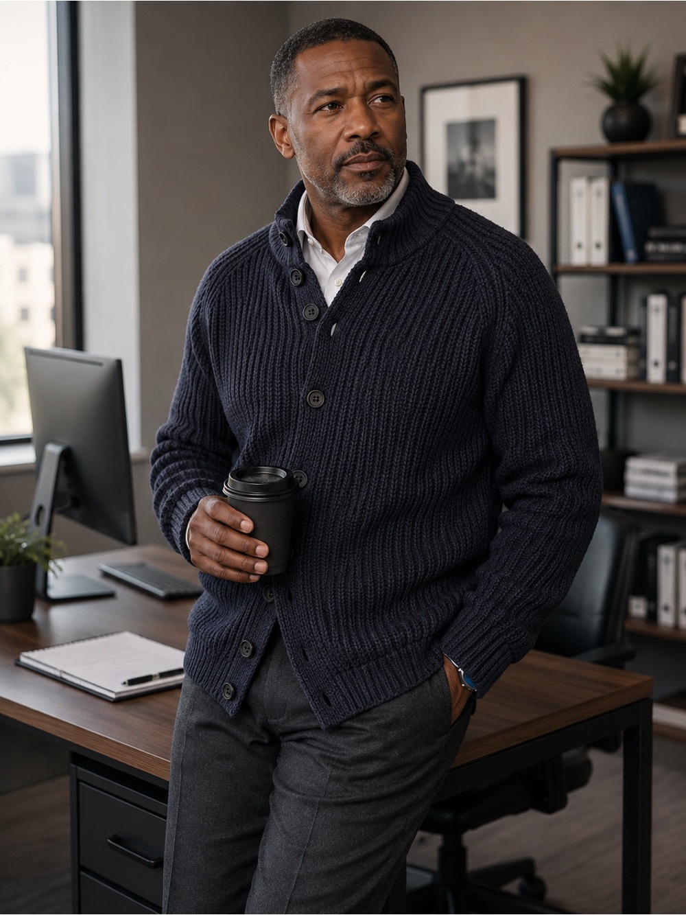 Men's Charcoal Ribbed Button-Front Cardigan Sweater